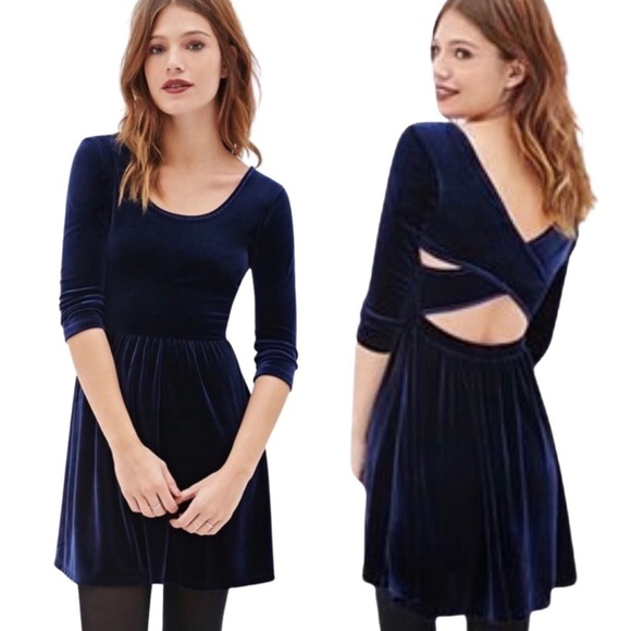 Forever 21 Blue Velvet Velour Criss Cross Back Party Cocktail Formal Mini Dress - Picture 1 of 11